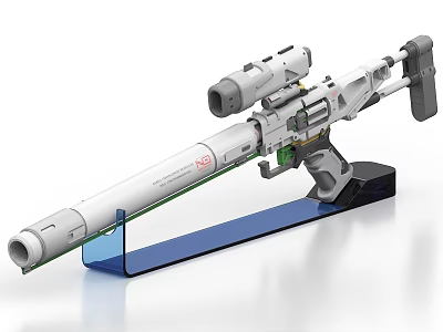 Modern Sniper Rifle With White Gray Body Mounted Scope Green Details And Display Stand 3d model