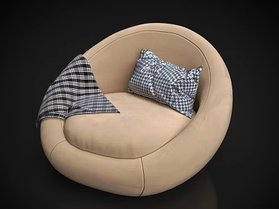 Beige Round Bean Bag Chair With Blue And White Checkered Cushions 3d model