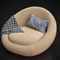Beige Round Bean Bag Chair With Blue And White Checkered Cushions