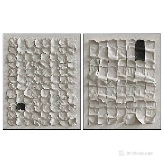 Abstract Painting With White Textured Elements Black Square Accent Geometric Pattern Two Panel Modern Artwork 3d model