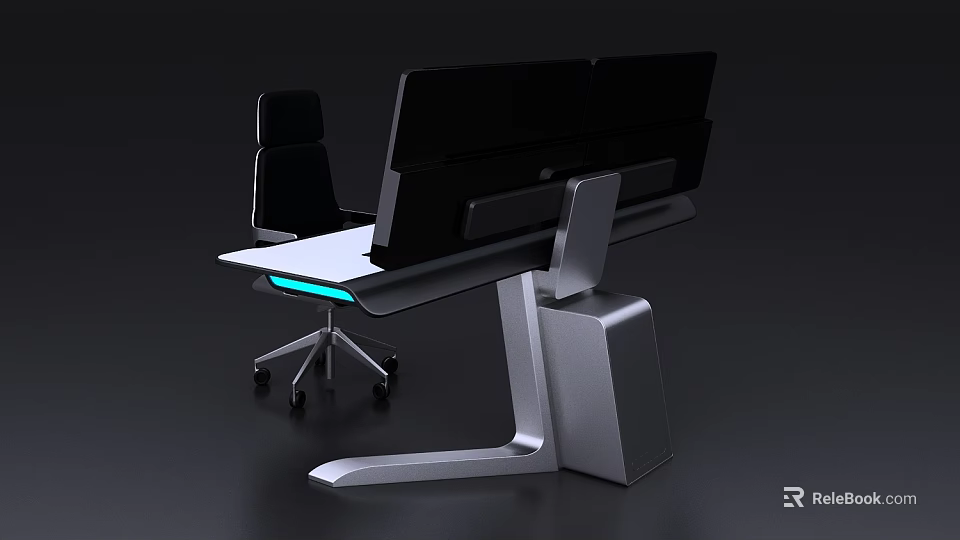 Modern Office Desk With Adjustable Silver Frame White Desktop Black Monitor And Ergonomic Rolling Chair 3d model 