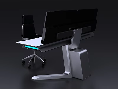 Modern Office Desk With Adjustable Silver Frame White Desktop Black Monitor And Ergonomic Rolling Chair 3d model