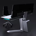 Modern Office Desk With Adjustable Silver Frame White Desktop Black Monitor And Ergonomic Rolling Chair
