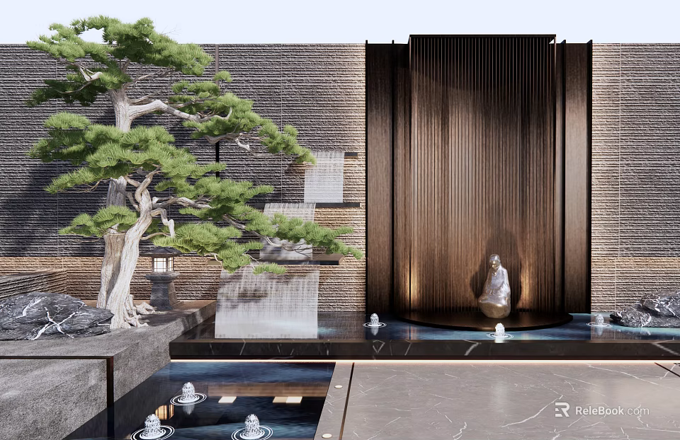 Modern Zen Feature Wall With Bronze Vertical Slats And Pine Tree Water Feature 3d model
