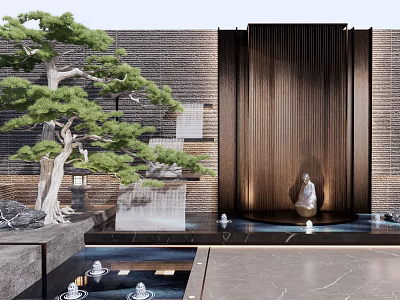 Modern Zen Feature Wall With Bronze Vertical Slats And Pine Tree Water Feature 3d model Modern Zen Feature Wall With Bronze Vertical Slats And Pine Tree Water Feature 3d model