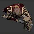 Man As Dwarf Warrior With Long Beard Wearing Detailed Armor Holding Large Hammer