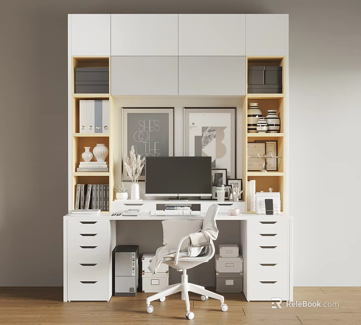Modern White Desk With Built in Bookshelves Computer Monitor White Chair And Decorative Items 3d model 