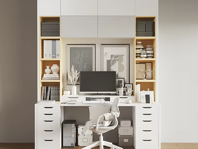 Modern White Desk With Built in Bookshelves Computer Monitor White Chair And Decorative Items 3d model