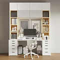 Modern White Desk With Built in Bookshelves Computer Monitor White Chair And Decorative Items