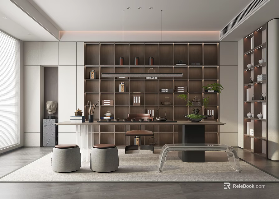 Modern Tea Room With Shelves Tables Stools And Plants 3d model