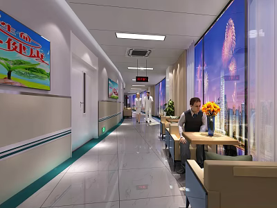 Modern Elevator Corridor With Bright Lighting Comfortable Seats Digital Screens And Green Plants 3d model