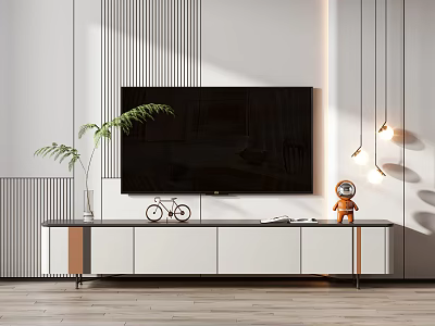 Modern TV Stand With Black Top White Cabinets Bicycle Astronaut Green Plant In Living Room 3d model