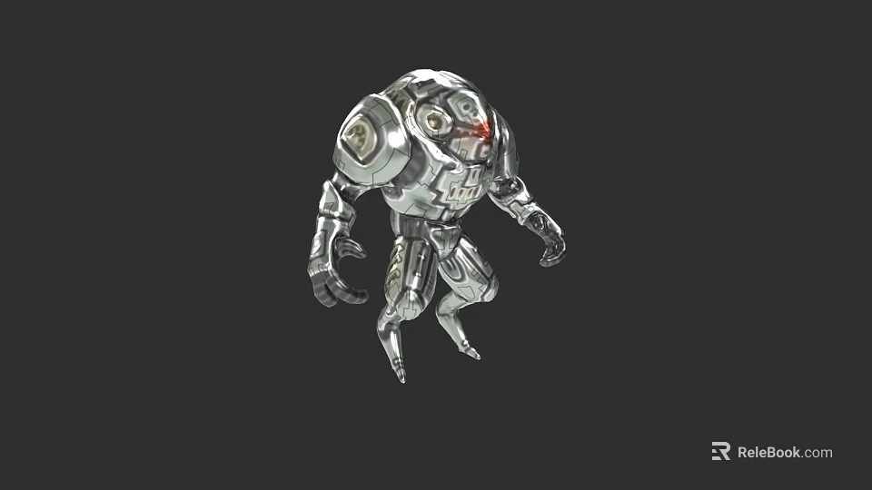 Futuristic Silver Robot Game Character With Mechanical Armor And Red Eye 3d model 