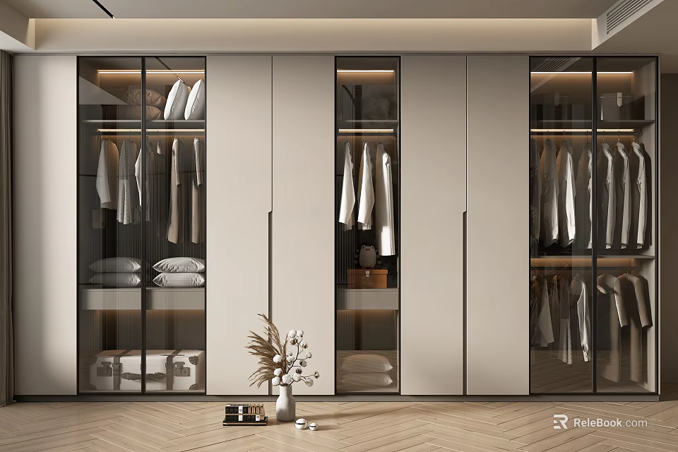 Modern Walk in Closet With Glass Doors And Organized Storage 3d model 