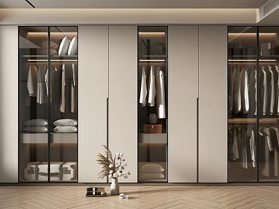 Modern Walk in Closet With Glass Doors And Organized Storage 3d model