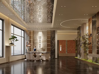 Hotel Lobby Interior With Modern Design Reception Desk Chandelier Large Windows And Green Plants 3d model