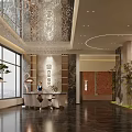 Hotel Lobby Interior With Modern Design Reception Desk Chandelier Large Windows And Green Plants