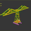 Yellow Tower Crane Model With Metal Frame And Orange Base On Reflective Surface