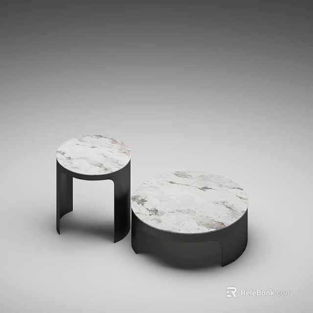 Two Modern Round Side Tables With Marble Tops And Black Metal Frames 3d model