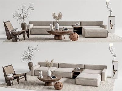 Modern Light Gray Sofa and Round Coffee Table Set with Decorative Plants and Floor Lamp 3d model
