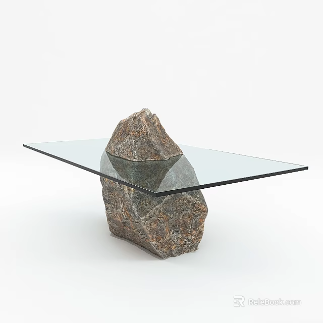 Unique Modern Dining Table With Glass Top And Natural Rock Base 3d model 