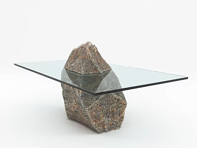 Unique Modern Dining Table With Glass Top And Natural Rock Base 3d model