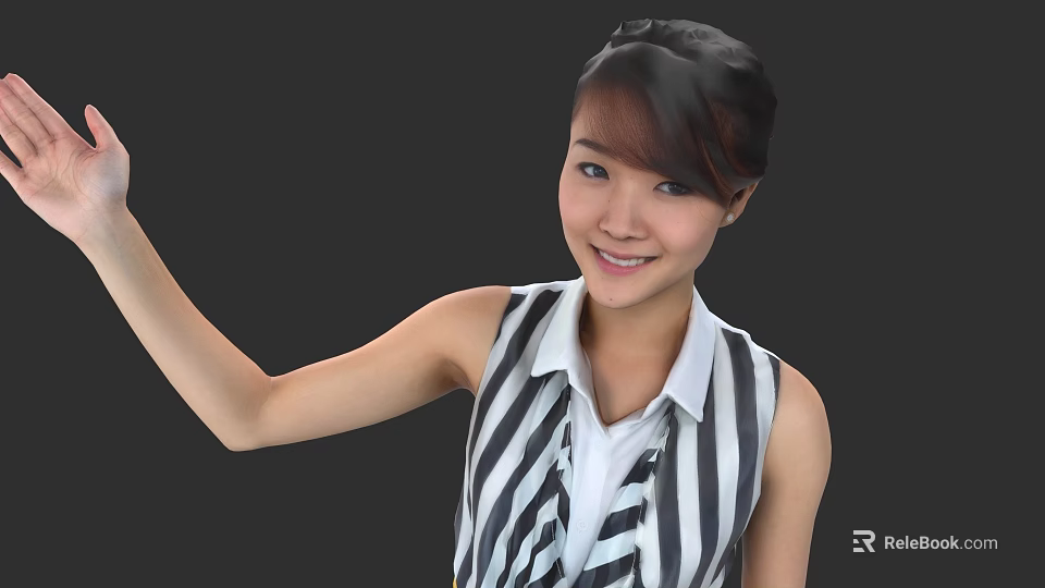 Woman Wearing Black And White Striped Sleeveless Top White Shirt Tied Up Hair Dark Background 3d model 