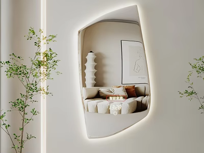 Irregular Shaped LED Illuminated Mirror In Modern Living Room Reflecting Sofa Artwork And Green Plants 3d model