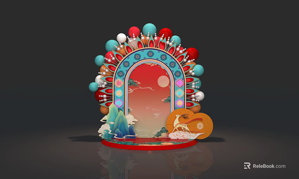 Traditional Chinese Decorative Archway With Colorful Spherical Ornaments And Auspicious Clouds 3d model 