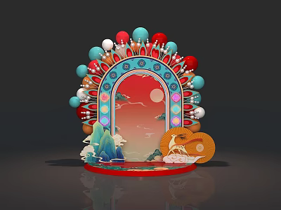 Traditional Chinese Decorative Archway With Colorful Spherical Ornaments And Auspicious Clouds 3d model