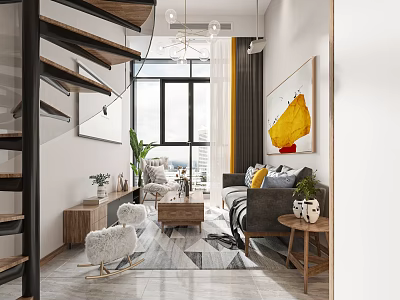 Modern Living Room Interior Design With Gray Sofa Spiral Staircase Large Windows And Yellow Artwork 3d model