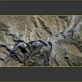 Detailed 3D Mountain Terrain Model With Blue Water Areas And Wooden Base