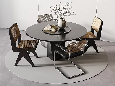 Modern Round Black Dining Table Set With Woven Seat Chairs Silver Vase And Book 3d model