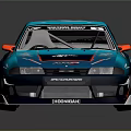 Blue Modified Race Car With Aerodynamic Rear Spoiler And Racing Stickers