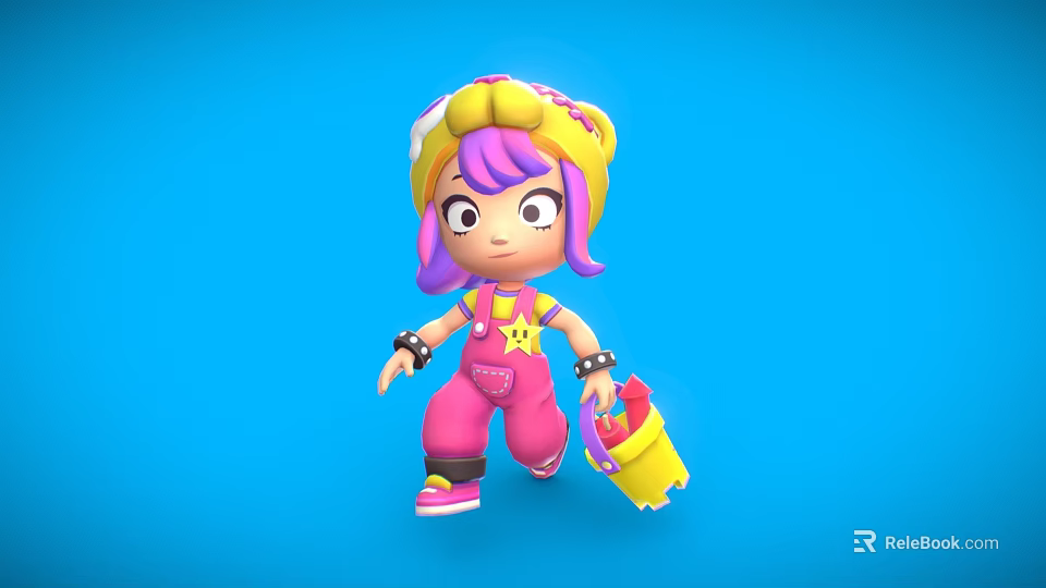 Colorful 3D Cartoon Game Character With Purple Hair Yellow Hat Pink Overalls And Yellow Bucket 3d model 