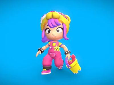 Colorful 3D Cartoon Game Character With Purple Hair Yellow Hat Pink Overalls And Yellow Bucket 3d model