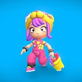 Colorful 3D Cartoon Game Character With Purple Hair Yellow Hat Pink Overalls And Yellow Bucket