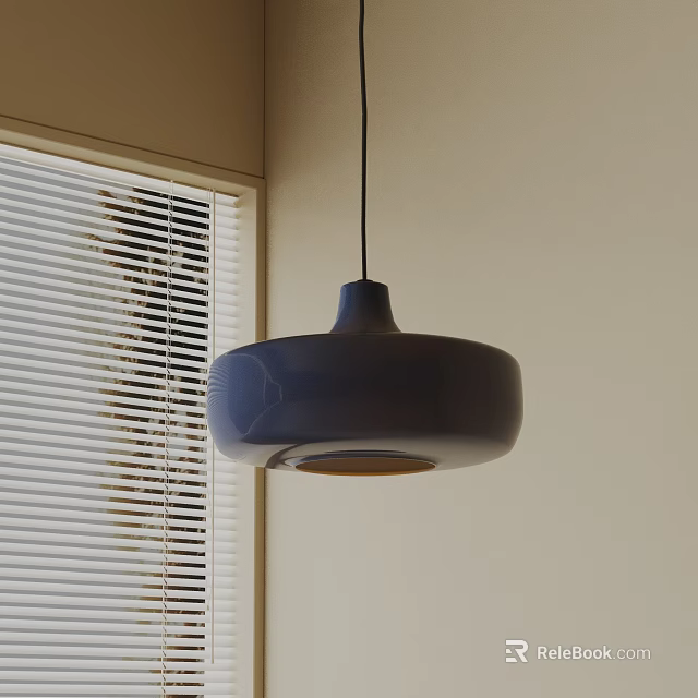 Dark Blue Rounded Pendant Light Hanging Near Window With Blinds And Light Colored Wall 3d model 