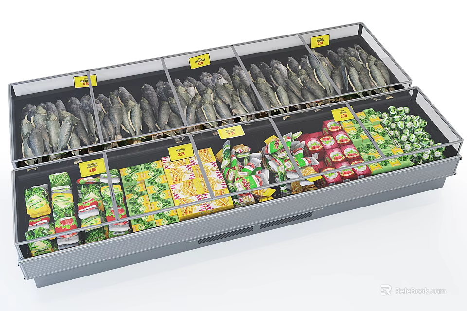Commercial Freezer With Multiple Compartments Holding Frozen Fish And Packaged Foods With Yellow Labels 3d model 