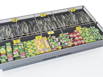 Commercial Freezer With Multiple Compartments Holding Frozen Fish And Packaged Foods With Yellow Labels 3d model