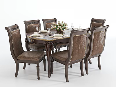 Classic Wooden Dining Table Set With Leather Chairs And Flower Arrangement 3d model
