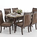 Classic Wooden Dining Table Set With Leather Chairs And Flower Arrangement