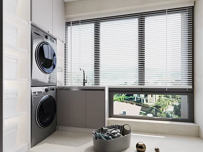Home Balcony With Stacked Washing Machine Dryer Sink Blinds And Outdoor View 3d model