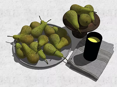 Ceramicware Set Including Plate Bowl and Cup with Fresh Pears on Towel 3d model