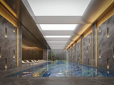 Modern Indoor Swimming Pool with Marble Walls Skylights Natural Lighting and Lounge Chairs 3d model