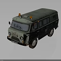 Old Green Vintage Van With Orange Warning Lights On Roof And Rusty Exterior