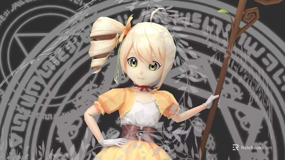 Game Movie Character With Blonde Hair Green Eyes Yellow Top White Dress Holding Staff 3d model 