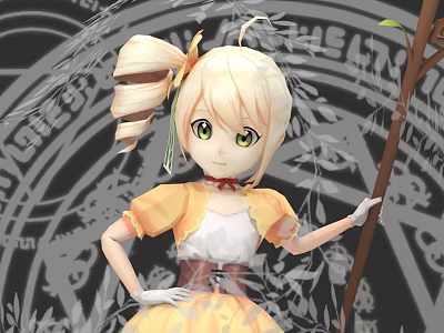 Game Movie Character With Blonde Hair Green Eyes Yellow Top White Dress Holding Staff 3d model