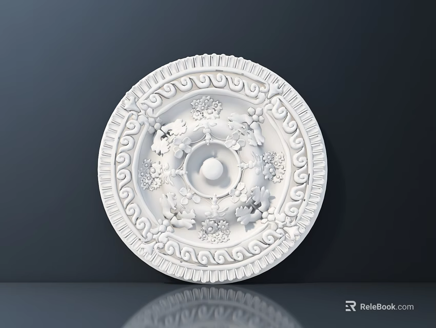 Intricate Carved Circular Ceiling Medallion With Floral Leaf Patterns And Central Round Detail 3d model 
