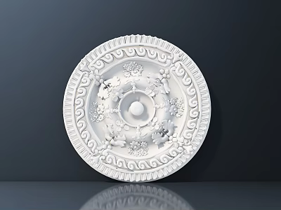 Intricate Carved Circular Ceiling Medallion With Floral Leaf Patterns And Central Round Detail 3d model